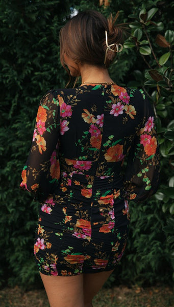 Retro Floral Long Sleeves Bodycon Dress