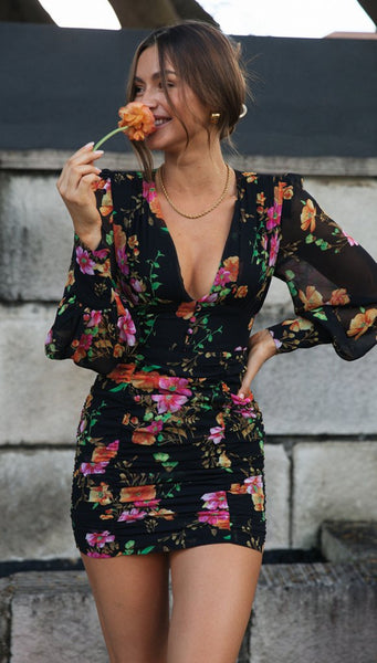 Retro Floral Long Sleeves Bodycon Dress