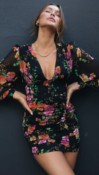 Retro Floral Long Sleeves Bodycon Dress