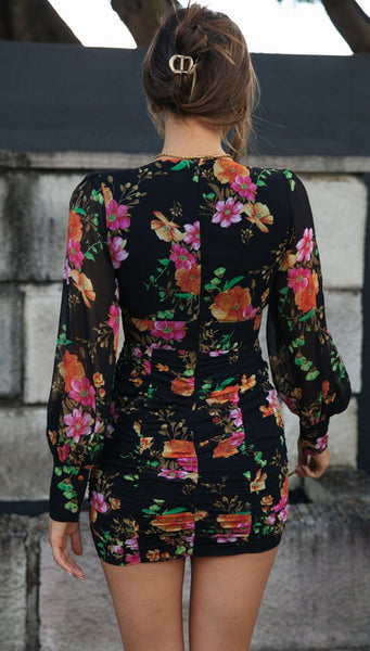 Retro Floral Long Sleeves Bodycon Dress