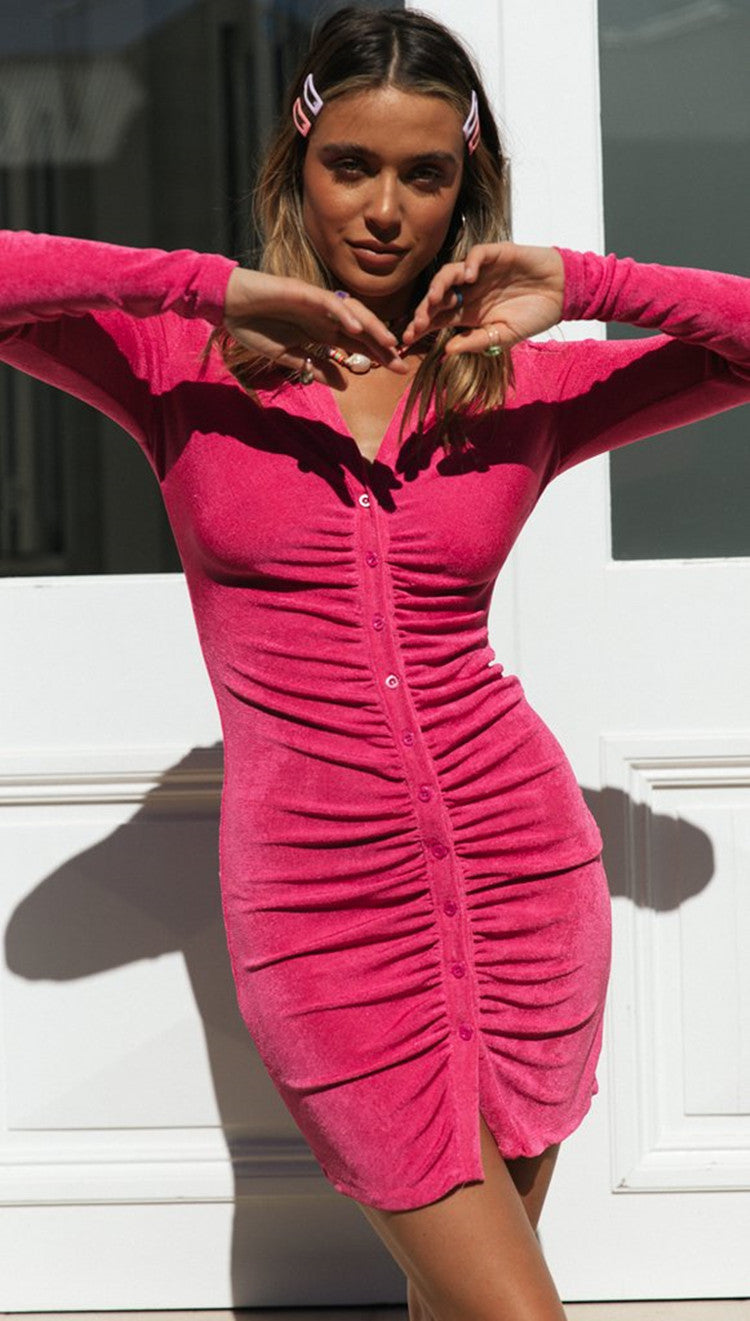 Hot Pink Button Down Pleated Bodycon Dress