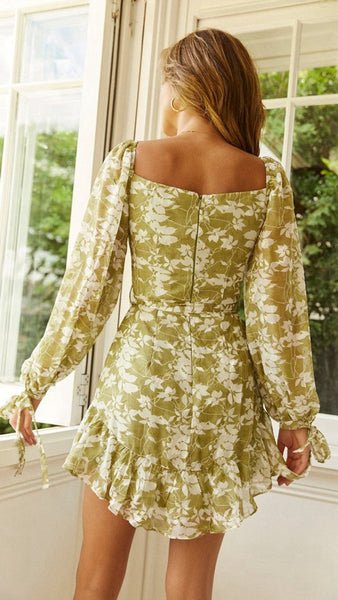 Green Floral Long Sleeves Dress