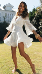 White Lace-Up Flare Sleeves Dress