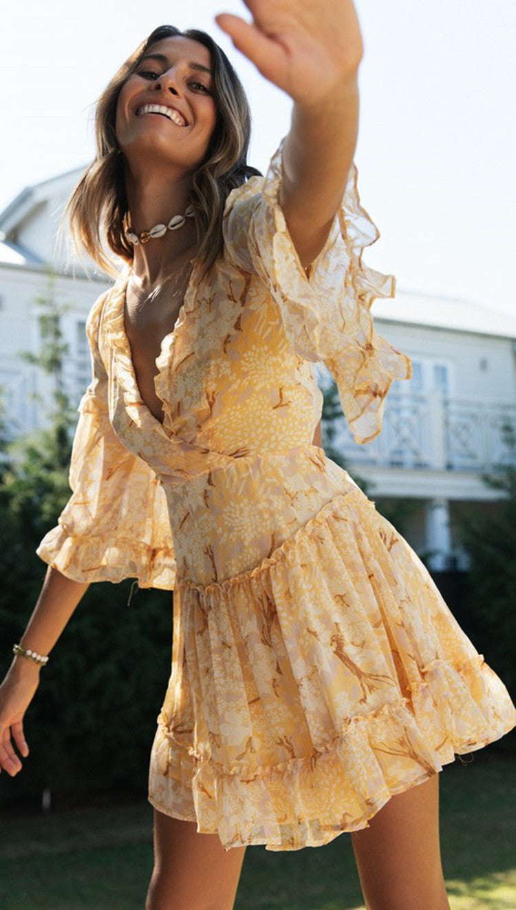 Yellow Floral Lace-Up Flare Sleeves Dress