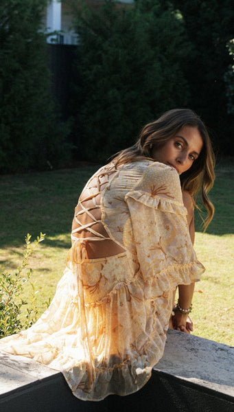 Yellow Floral Lace-Up Flare Sleeves Dress