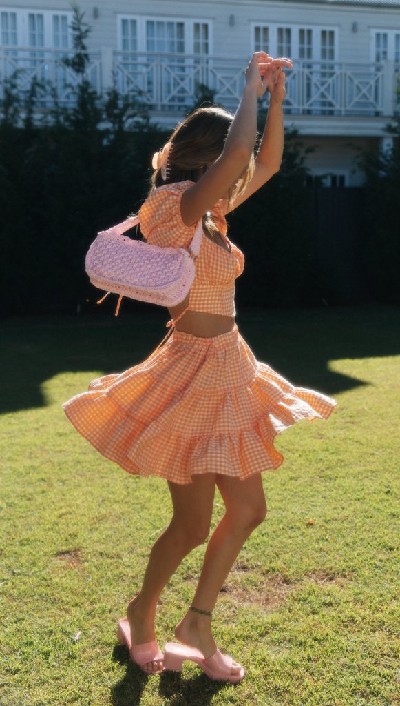 Orange Plaid Crop Top and Skirt Sets