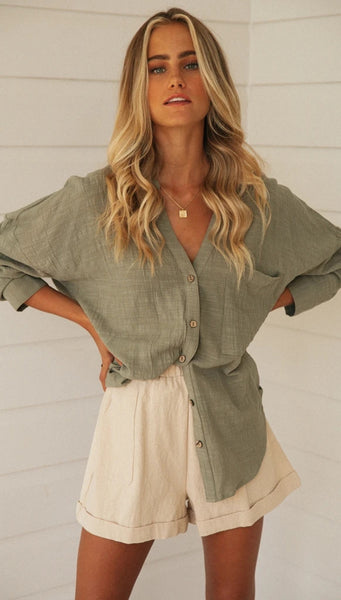 Green Roll-Tab Button Down Shirt