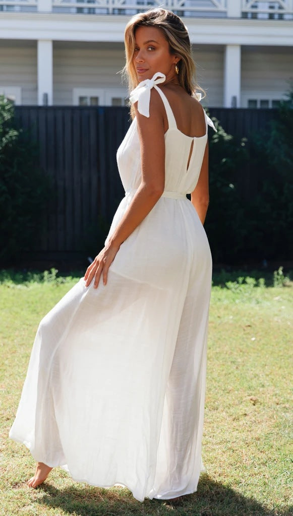 White Shoulder-Tie Jumpsuit