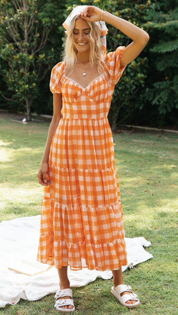 Orange Gingham Print Backless Dress – Gabi Swimwear