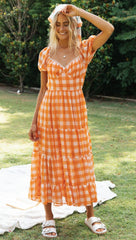 Orange Gingham Print Backless Dress