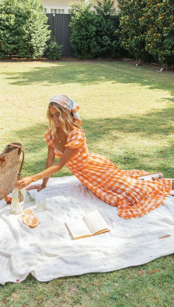 Orange Gingham Print Backless Dress