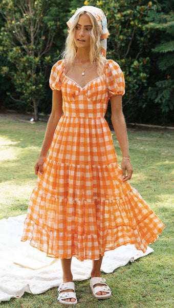 Orange Gingham Print Backless Dress