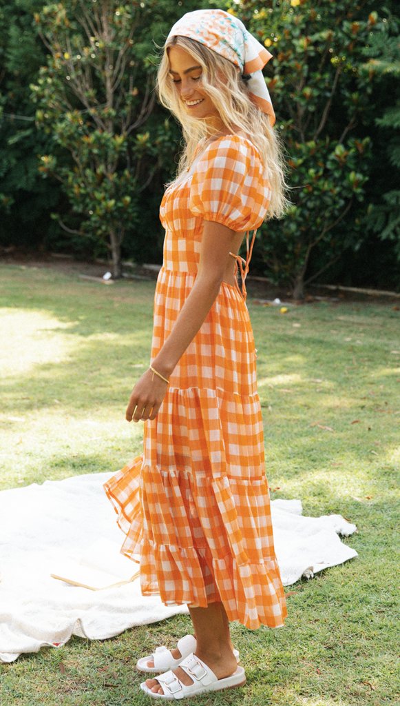 Orange Gingham Print Backless Dress