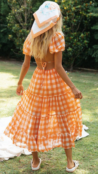 Orange Gingham Print Backless Dress