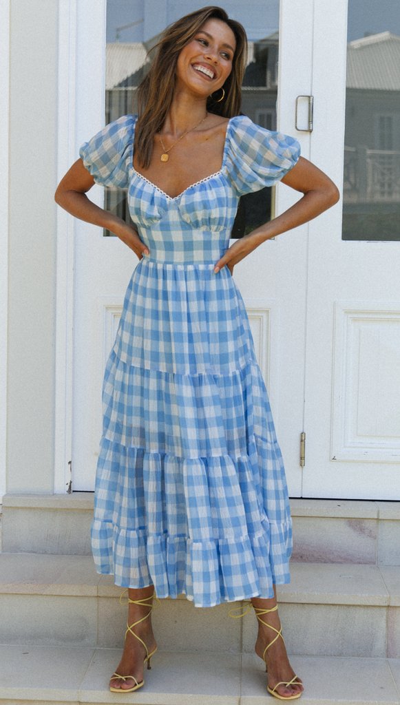 Blue Gingham Print Backless Dress Gabi Swimwear Blue Gingham Print Backless Dress Gabi Swimwear