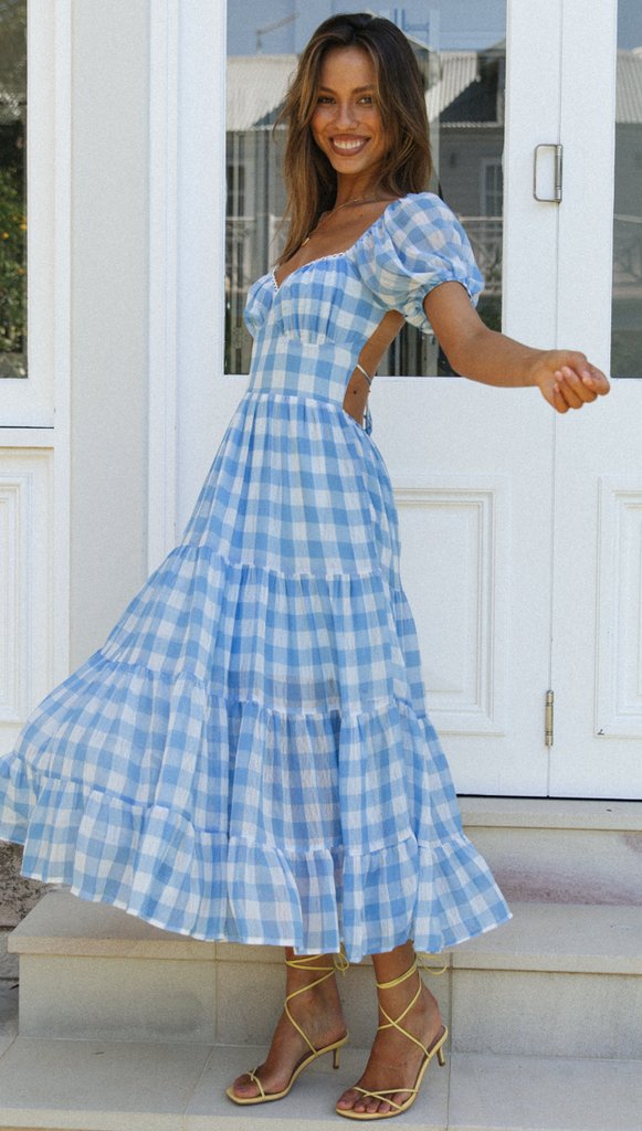 Blue Gingham Print Backless Dress Gabi Swimwear Blue Gingham Print Backless Dress Gabi Swimwear
