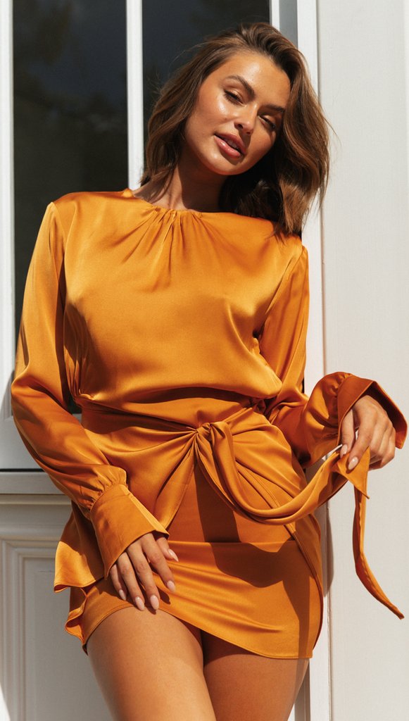 Orange Long Sleeve Waist-Tie Dress