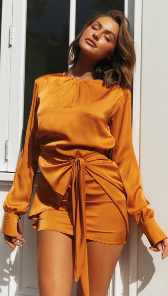 Orange Long Sleeve Waist-Tie Dress