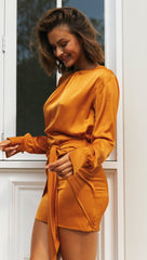 Orange Long Sleeve Waist-Tie Dress