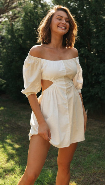 White Paneled Cutout Waist Dress