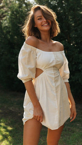 White Paneled Cutout Waist Dress