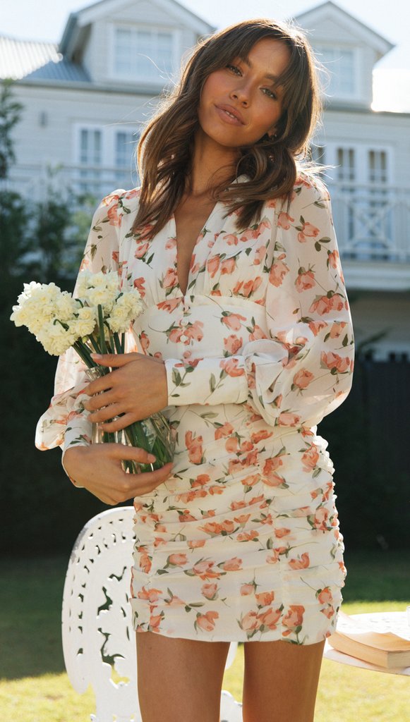White Floral Long Sleeves Bodycon Dress