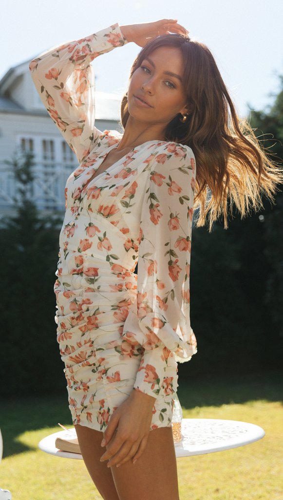 White Floral Long Sleeves Bodycon Dress