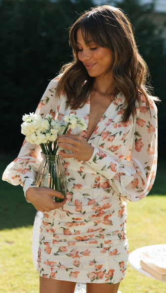 White Floral Long Sleeves Bodycon Dress