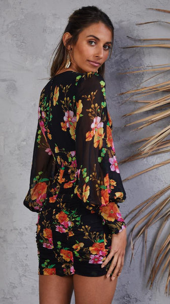 Black Floral Long Sleeves Bodycon Dress