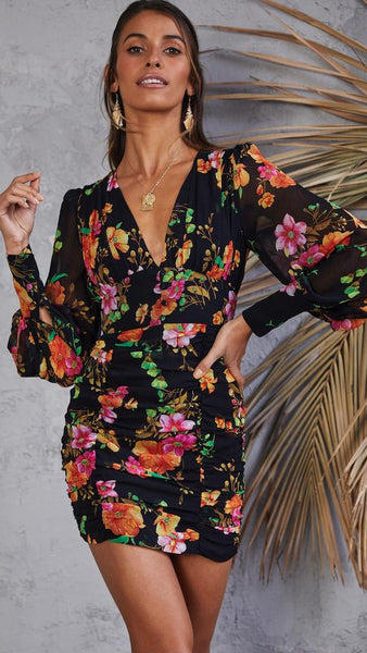 Black Floral Long Sleeves Bodycon Dress