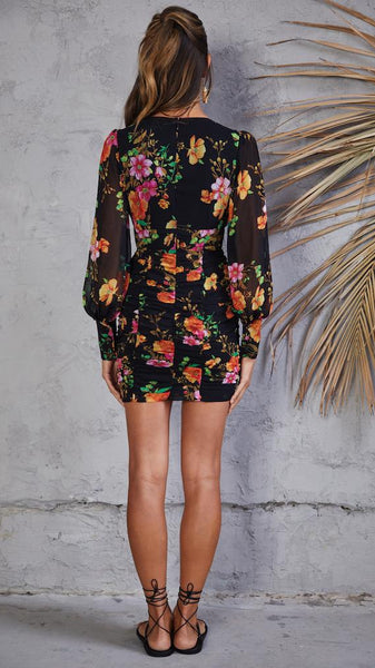 Black Floral Long Sleeves Bodycon Dress