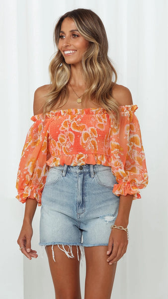 Orange Sunrise Smocked Crop Top