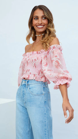 Pink Floral Smocked Crop Top