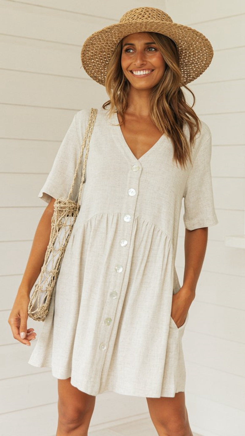 White Button Down Linen Dress