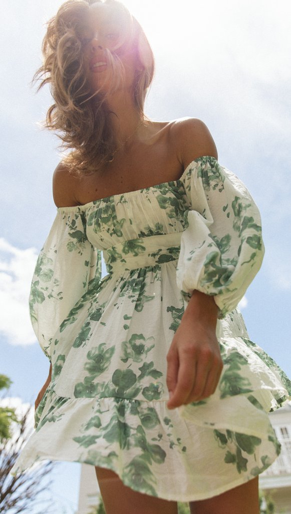 Green floral long dress best sale