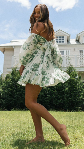 Green Floral Off Shoulder Long Sleeve Dress