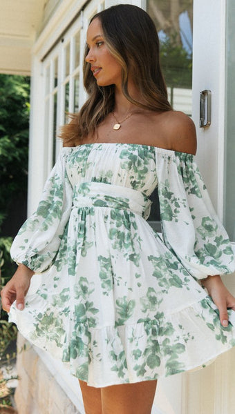 Green Floral Off Shoulder Long Sleeve Dress