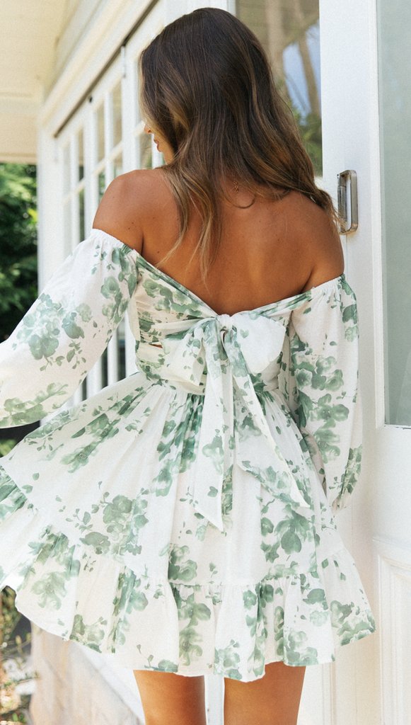 Green Floral Off Shoulder Long Sleeve Dress