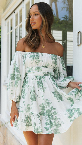 Green Floral Off Shoulder Long Sleeve Dress