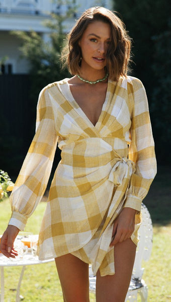 Yellow Gingham Print Knot Dress