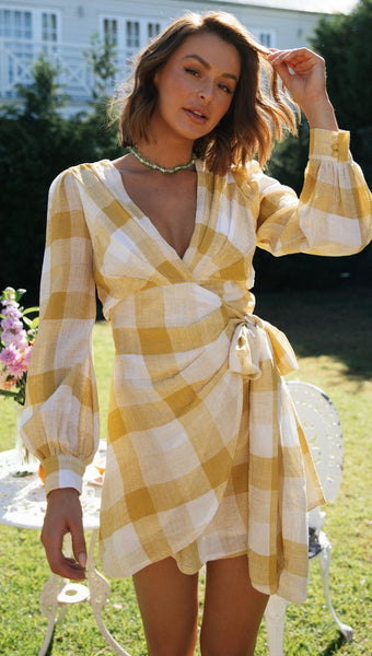 Yellow Gingham Print Knot Dress