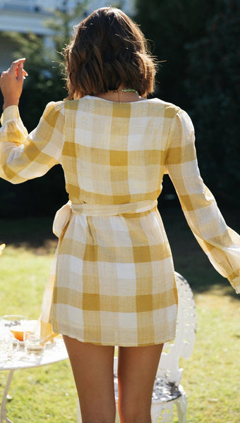 Yellow Gingham Print Knot Dress