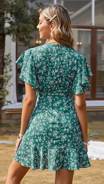 Green Floral Waist Tie Dress