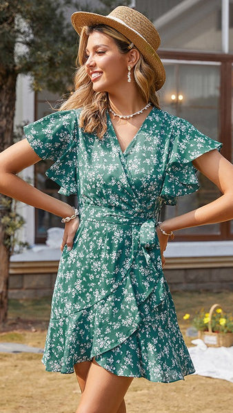 Green Floral Waist Tie Dress