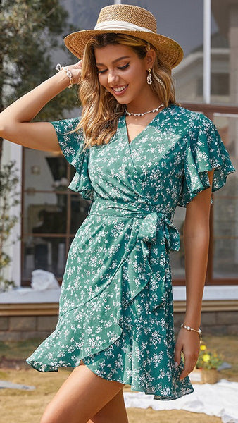 Green Floral Waist Tie Dress