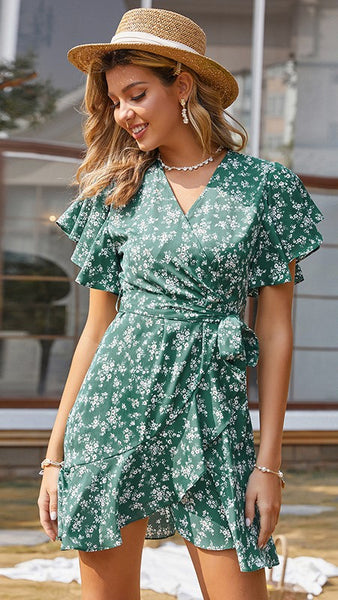 Green Floral Waist Tie Dress