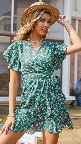 Green Floral Waist Tie Dress