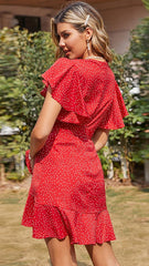 Red Floral Waist Tie Dress