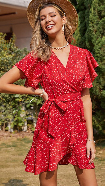 Red Floral Waist Tie Dress