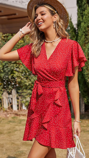 Red Floral Waist Tie Dress